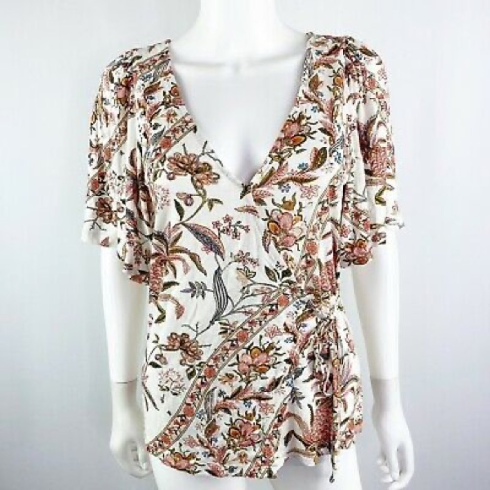 Lucky Brand Floral Wrap Tie Flutter Sleeve Blouse - size XS